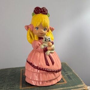 Pink Ceramic Girl Figurine with Cat 1977 Vintage